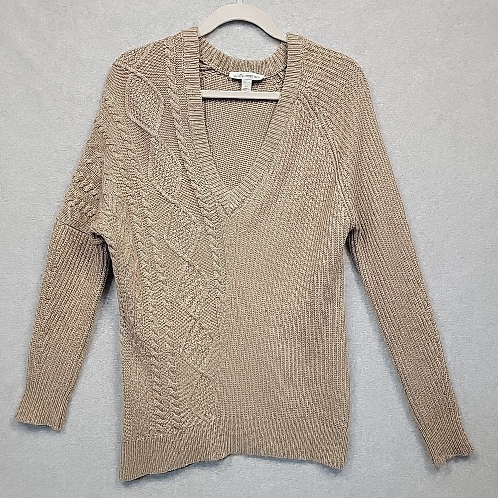 AUTUMN CASHMERE Women's XS Sweater‎ Tan Cable Knit Deep V-Neck Long Sleeve Cozy
